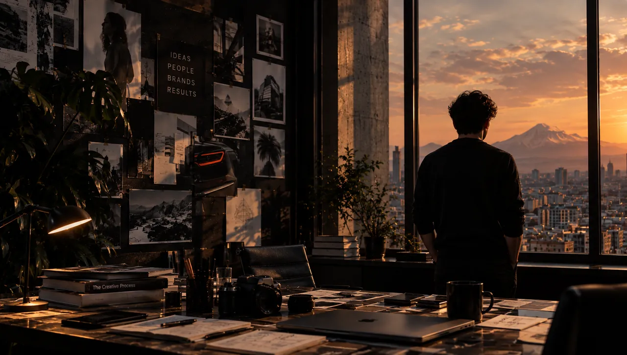 A creative director standing at his Yerevan office window at sunset, moodboard on the wall, laptop and camera on the desk, Mount Ararat and the city beyond