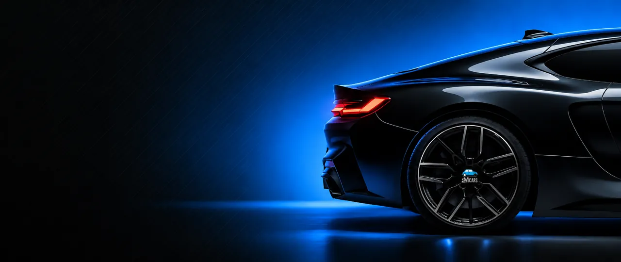 2M Cars — rear of a dark sports car lit in blue