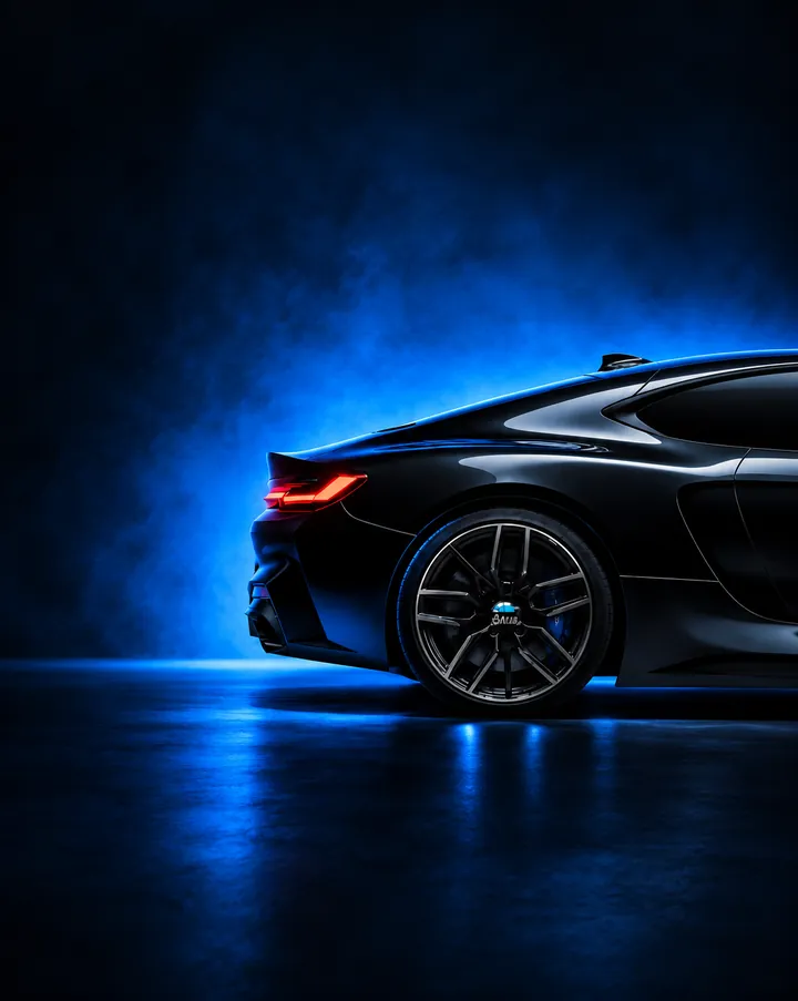 2M Cars — rear of a dark sports car lit in blue