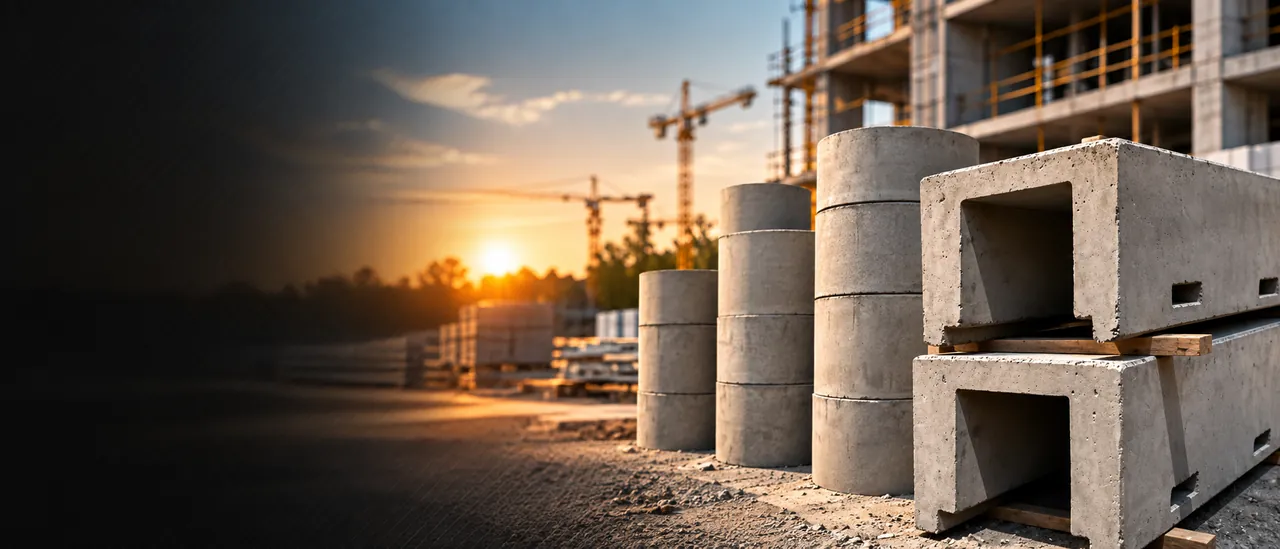 BetonaGorts precast concrete rings and channels at a construction site at sunset