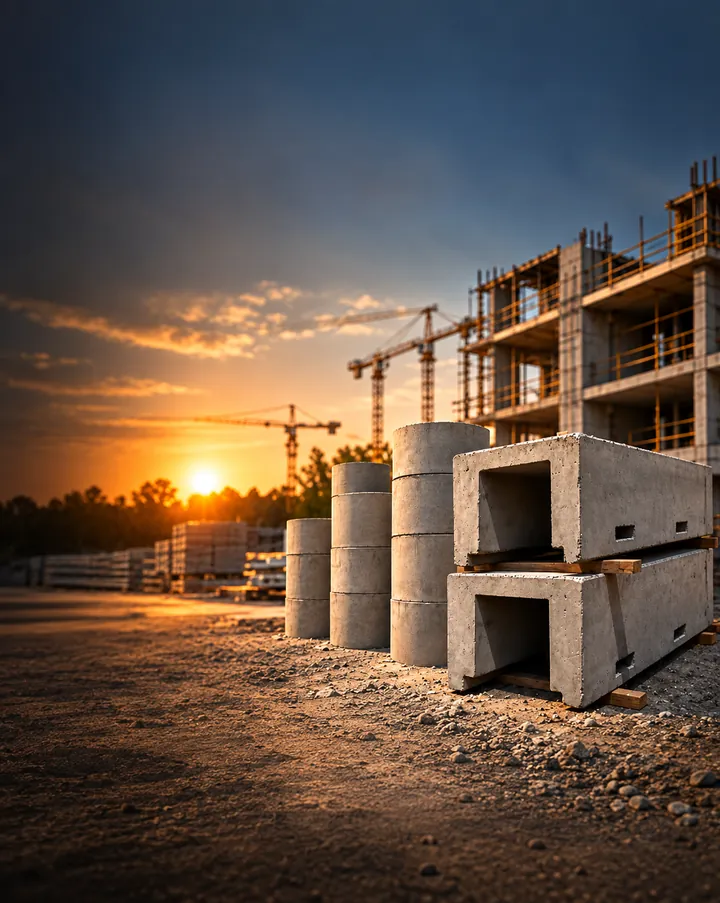 BetonaGorts precast concrete rings and channels at a construction site at sunset