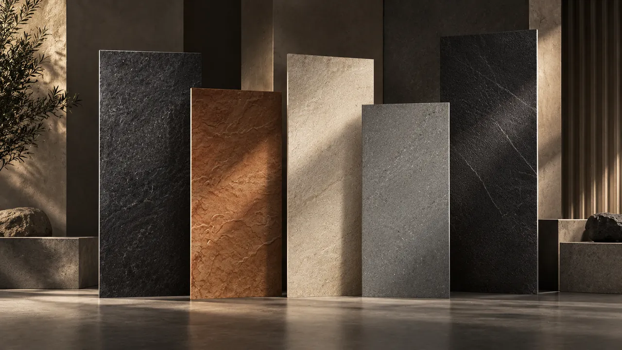 Ceramico tile slabs in stone, terracotta and charcoal finishes displayed in a showroom
