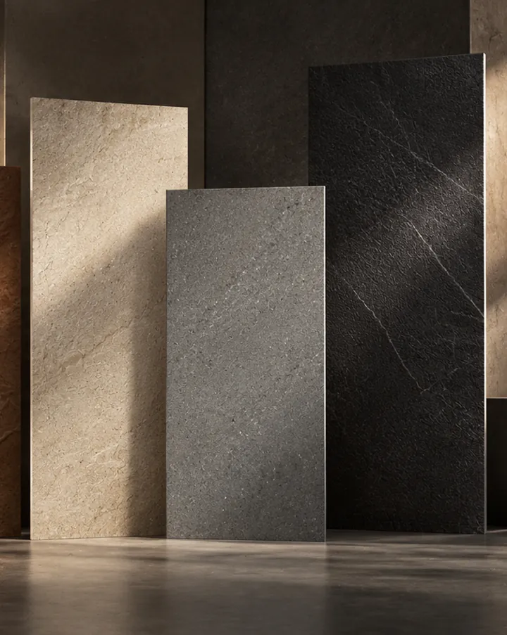 Ceramico tile slabs in stone, terracotta and charcoal finishes displayed in a showroom