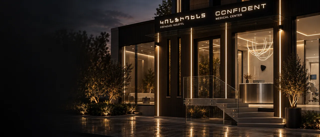 Confident Medical Center — entrance at night