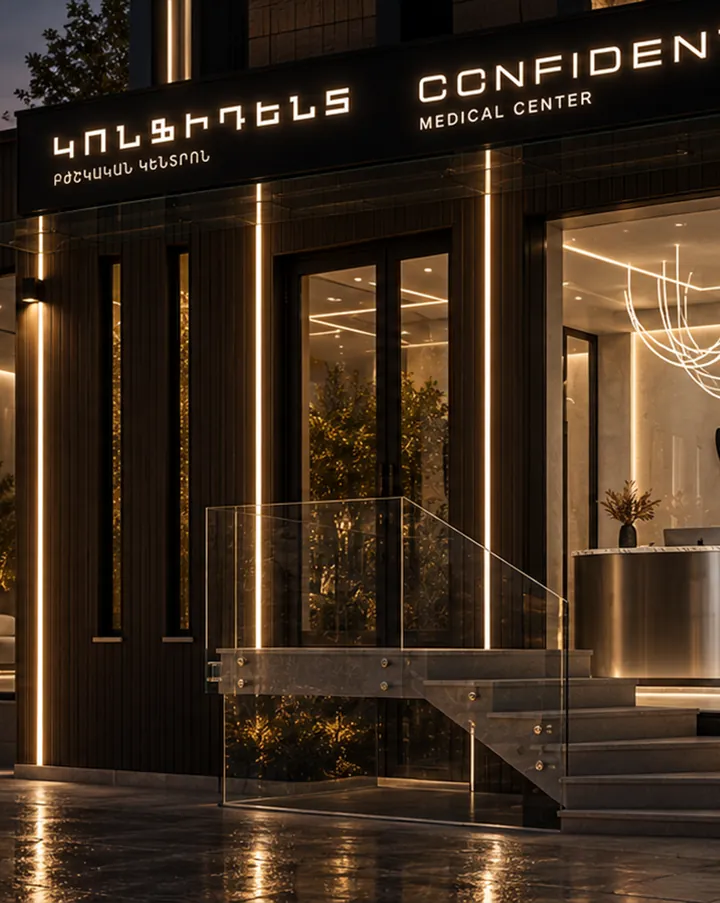 Confident Medical Center entrance and illuminated sign at night