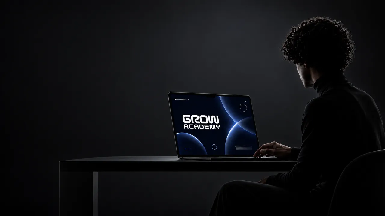 Student at a laptop showing the Grow Academy brand in a dark room