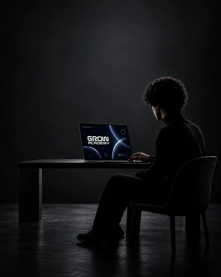 Student at a laptop showing the Grow Academy brand in a dark room