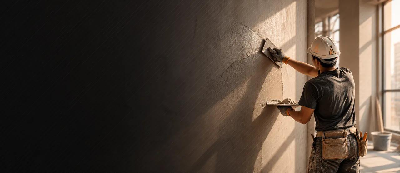 Jinashin finishing specialist plastering an interior wall in a sunlit building
