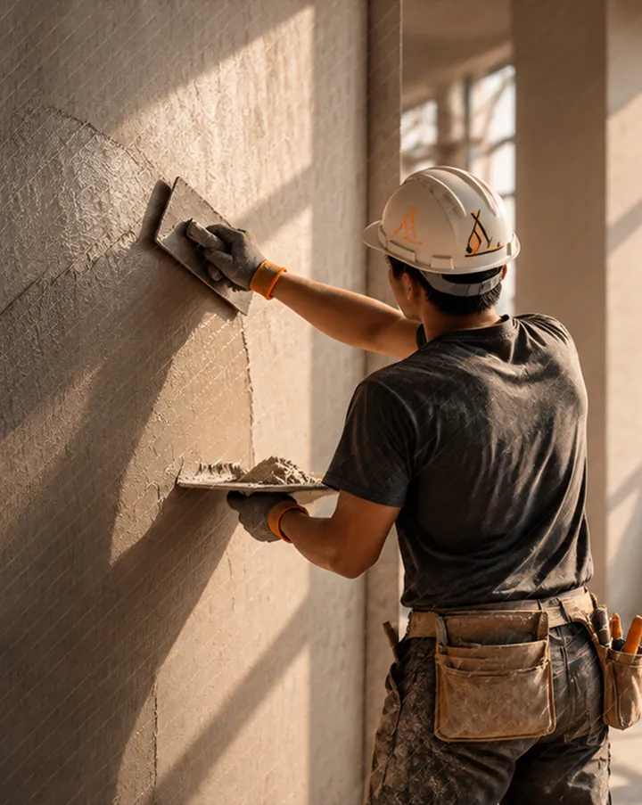 Jinashin finishing specialist plastering an interior wall in a sunlit building
