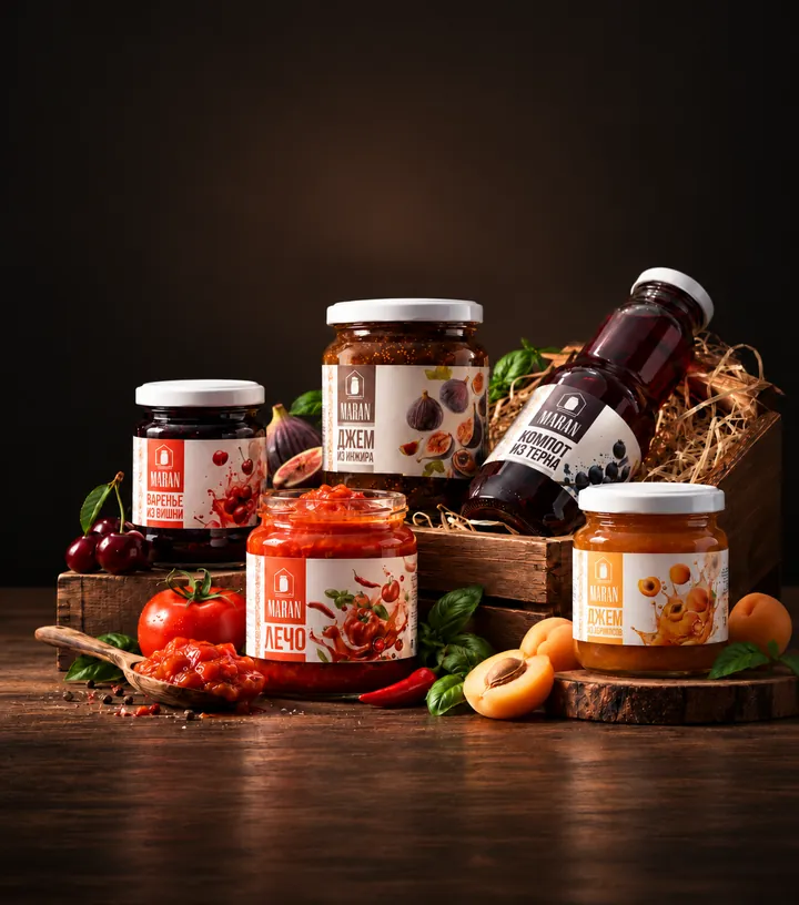 Marran jars of jam, lecho and compote with fruit on a wooden table