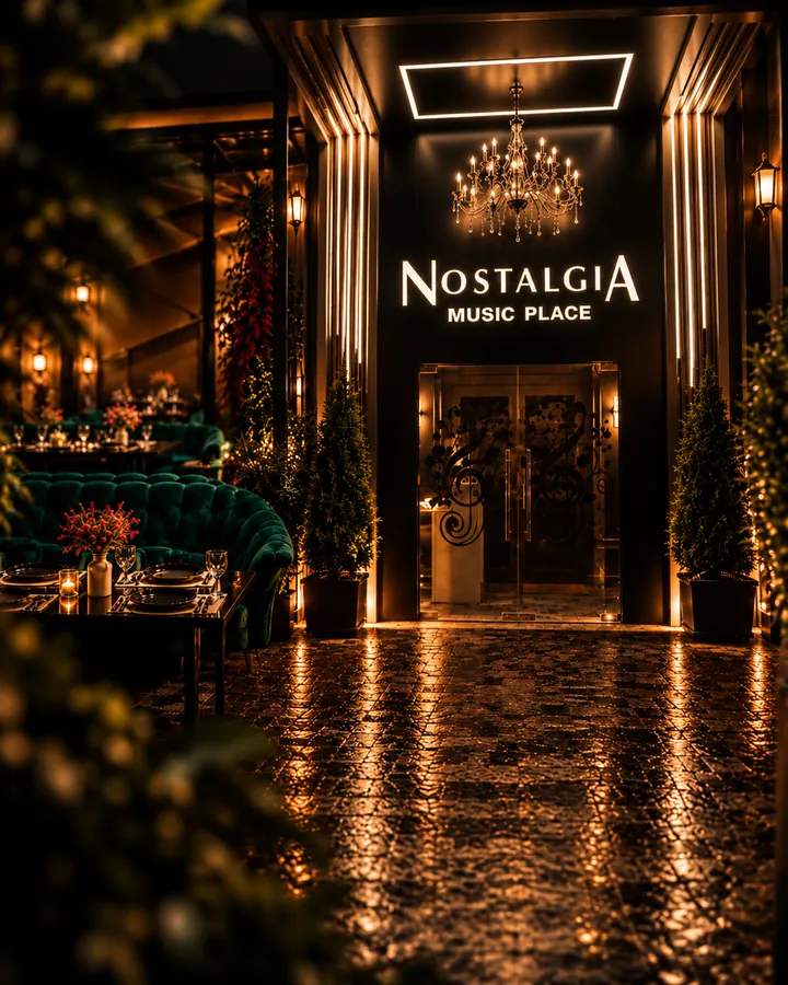 Nostalgia Music Place entrance with chandelier and illuminated sign at night
