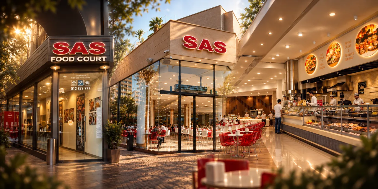 SAS Food Court storefront and dining hall in warm evening light