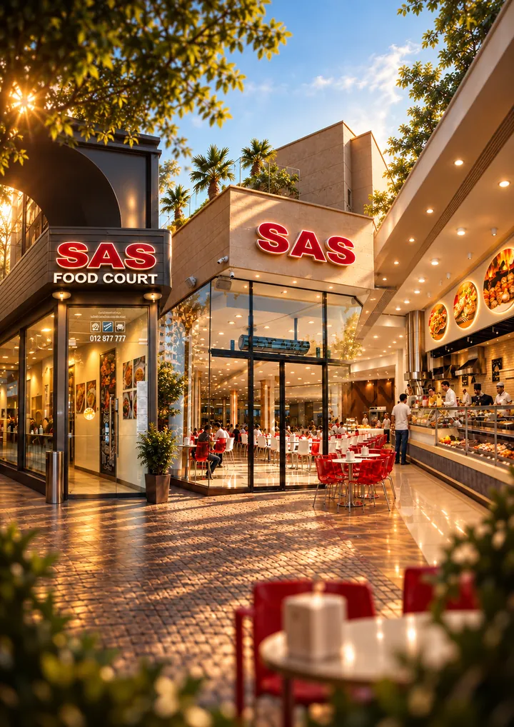 SAS Food Court storefront and dining hall in warm evening light