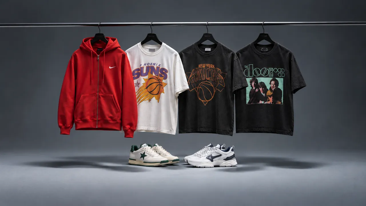 Utopia clothing — hoodie and graphic tees on a rail with sneakers below