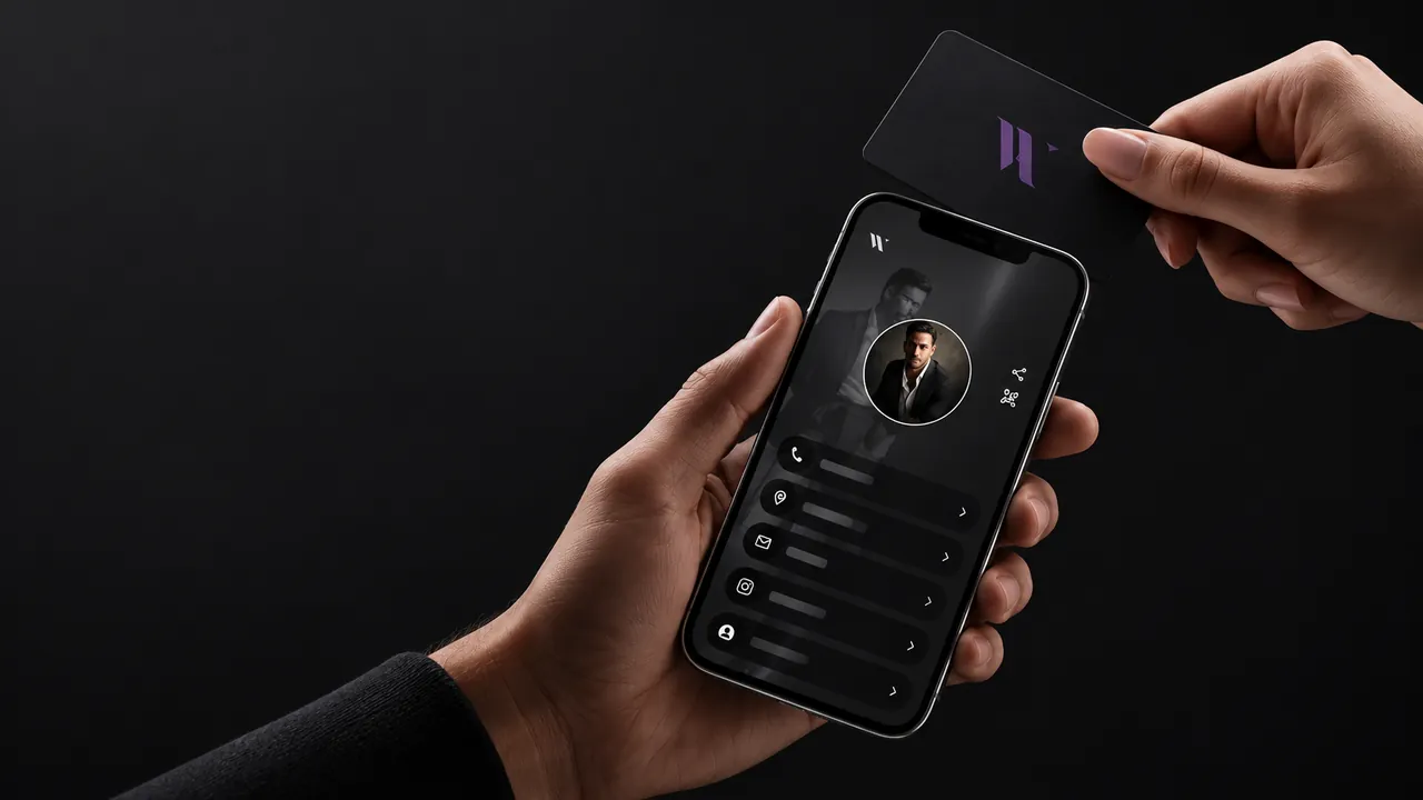 Viart NFC card tapped against a smartphone showing a digital contact profile