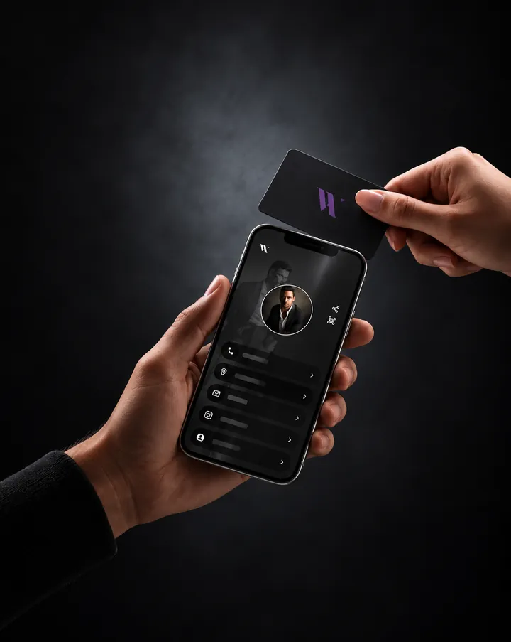 Viart NFC card tapped against a smartphone showing a digital contact profile